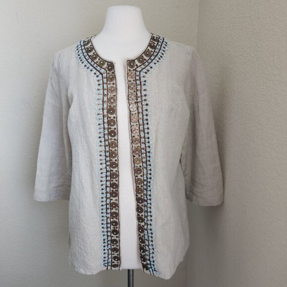 Chicos Jacket Women's 2 L 12 Embellished 100% Linen 3/4 Sleeves Tan Boho Casual - Picture 15 of 15